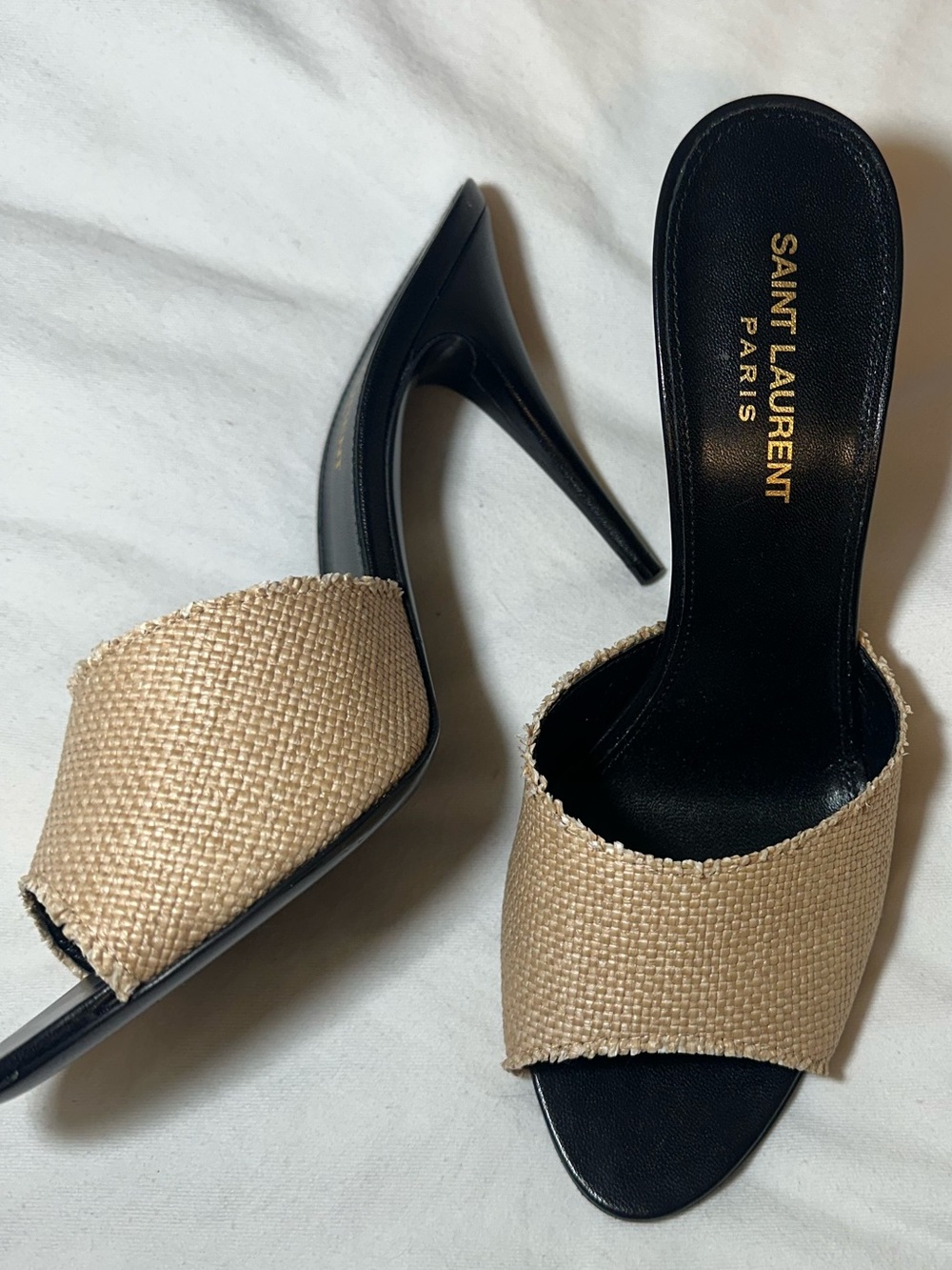 Saint Laurent Beige and Black Raffia Slide Sandals
